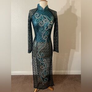 VIETNAMESE AO DAI BLUE AND BLACK WITH RHINESTONES SIZE SMALL *No Pants*